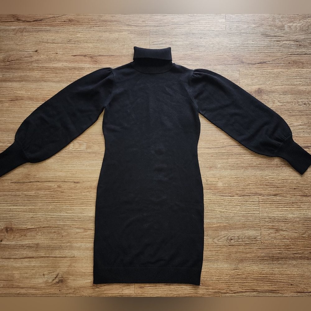 Size M - August Sky Elegant Black  Turtleneck Ballon Sleeve Sweater Dress - Picture 3 of 4